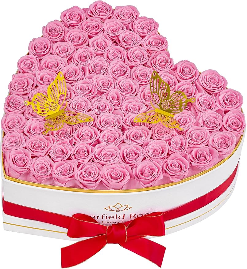 Eterfield 77 Forever Flowers in Heart Shape Box, Preserved Roses That Last a Year Preserved Flowers Birthday Gifts for Her Mom Women Wife Anniversary Valentines Day Mothers Day Christmas, Pink