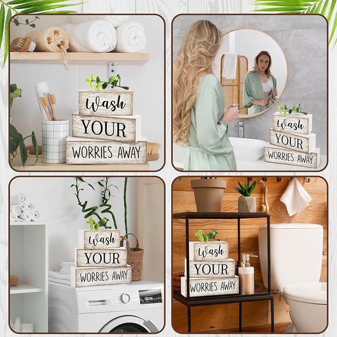 Moucuny 4 Pcs Bathroom Decor Wash Your Worries Away Sign Funny Bathroom Laundry Room Decor and Accessories Rustic Eucalyptus Leaves Block Signs Funny Toilet Washroom Table Centerpiece for Home Toilet