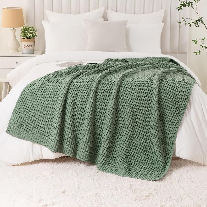 Bunnikins & Clover Knitted Waffle Throw Blanket 60x80 Inches, Sage Green Throw Blanket for Couch, Soft Cozy Chenille Knit Blanket Warm Decorative Throw for Sofa
