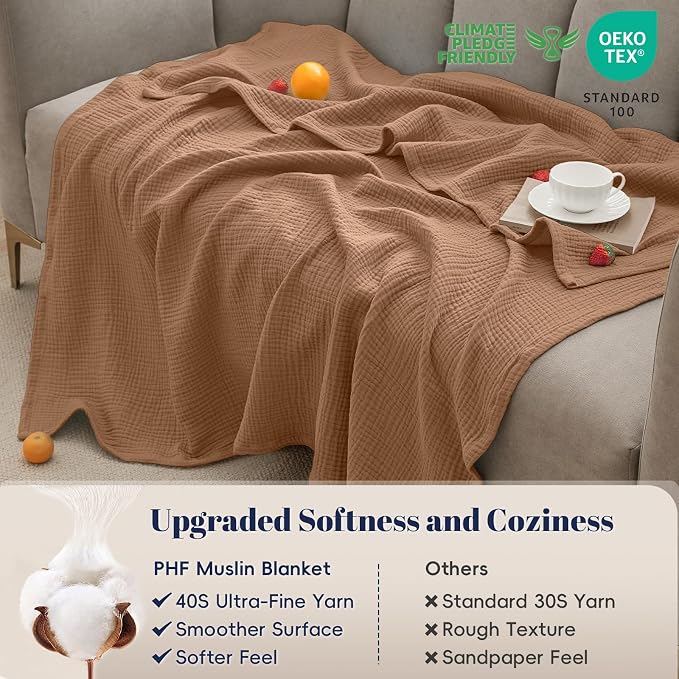 PHF 100% Cotton Muslin Blanket Twin XL Size 66"x90", 4-Layer Lightweight Gauze Throw, Breathable Cloud-Soft Minimalist Blanket for Bed, Couch, Camping & Baby, Clay, Ideal Gift