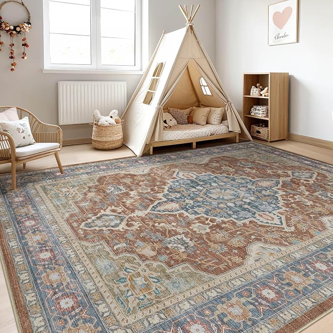 7x10 Area Rug Living Room: Washable Boho Large Neutral Vintage Soft Rug Stain Resistant Farmhouse Non-Slip Indoor Floor Carpet for Bedroom Nursery Kids Playroom Office Dining Room- Red Multi