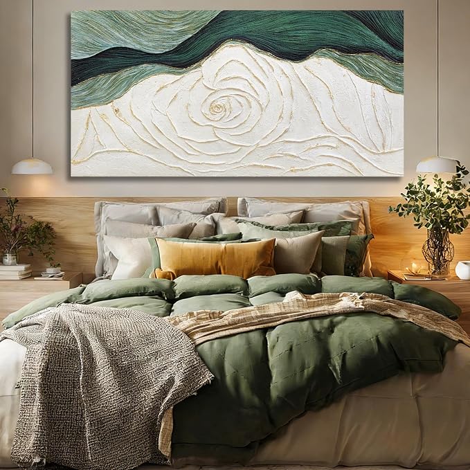 Dolidoteart Hand-Painted Green Abstract Wall Art Canvas, Large 29x58 Inch Modern Textured Floral Artwork for Living Room, Bedroom, Office, Hallway Home Decor