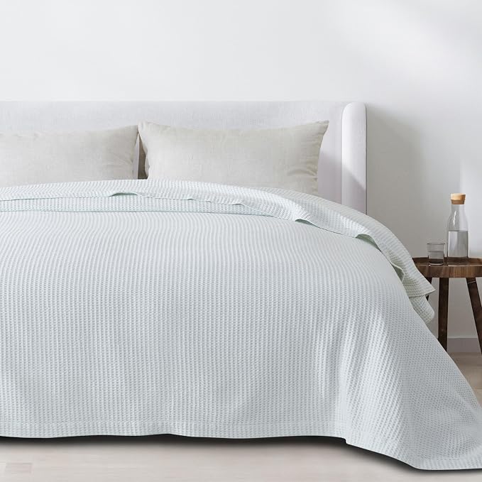 100% Cotton Blue Blanket Full/Queen Size for Bed - Breathable and Soft, Waffle Weave for Summer Spring, 90x90 Inches (Pale Blue)