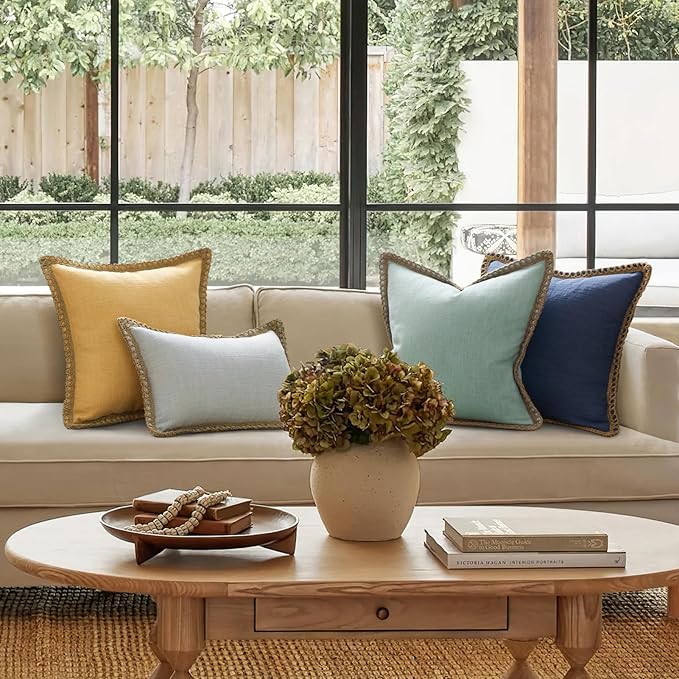 Phantoscope Pack of 2 Farmhouse Decorative Throw Decorative Pillow Cover Burlap Linen Trimmed Tailored Edges, Mustard Yellow, 18 x 18 inches, 45 x 45 cm