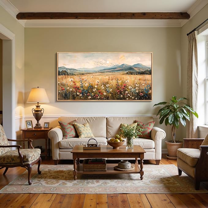 imjiayu Extra Large Wall Art, Landscape Wall Art, Rustic Wall Decor, Country Wildflowers Framed Art Prints, Neutral Oversized Paintings for Living Room Dining Room Farmhouse Home Decoration 29"x57"
