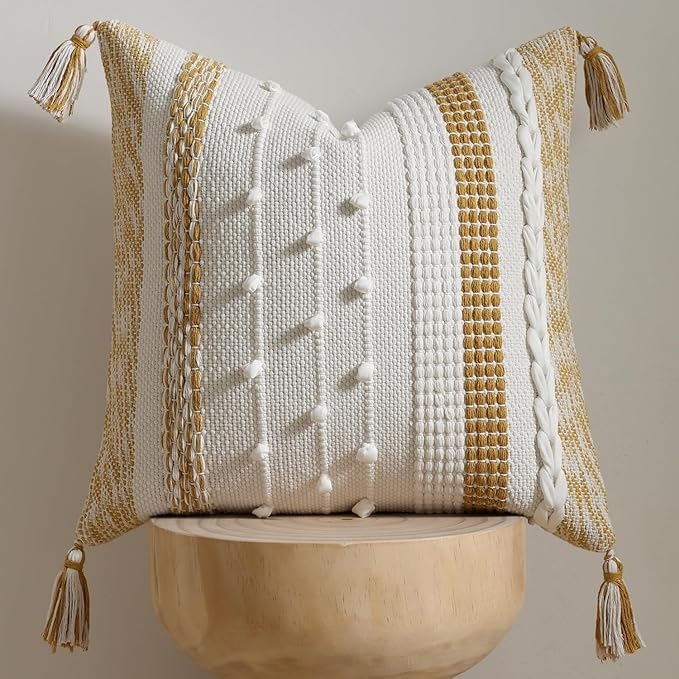 DEZENE Boho Pillow Cover 18x18 Mustard Yellow - Handmade Woven Textured Throw Pillow Case with Cordings & Tassels, Decorative Accent for Couch Sofa Bed Farmhouse Living Room Bedroom Home Decor