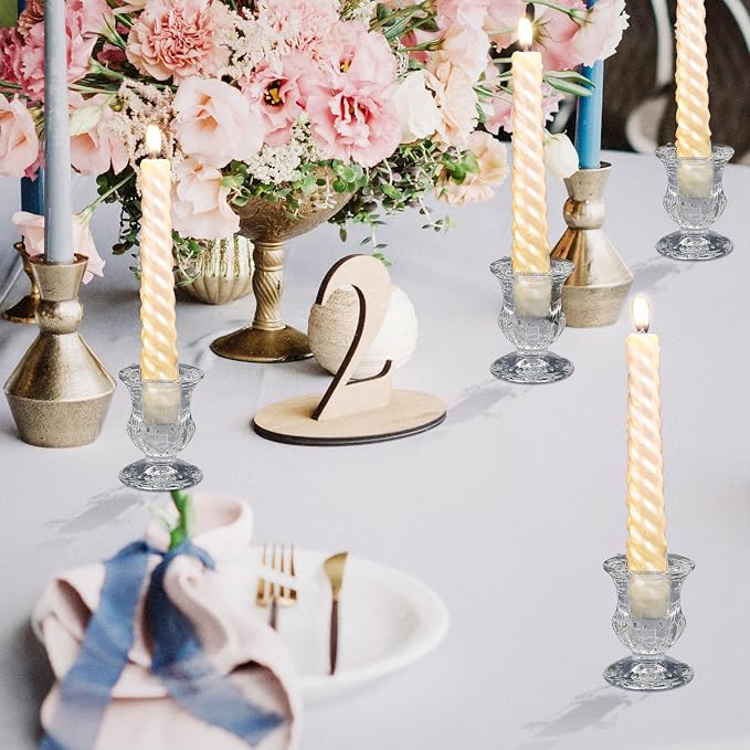 Clear Glass Candlestick Holders Taper Candle Holder Bulk 2.5 Inch Candle Stick Holder for Table Centerpiece Mantel Wedding Housewarming Gift Rustic Vintage Valentines Dinning Decoration