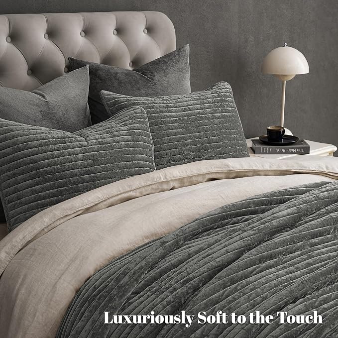PHF Luxury Velvet Quilt Set King Size – 3PCS Ultra Soft Quilted Comforter Alternative with Striped Channel, Cozy Quilted Bedspread, 1 Coverlet with 2 Matching Shams, 108" x 92", Grey