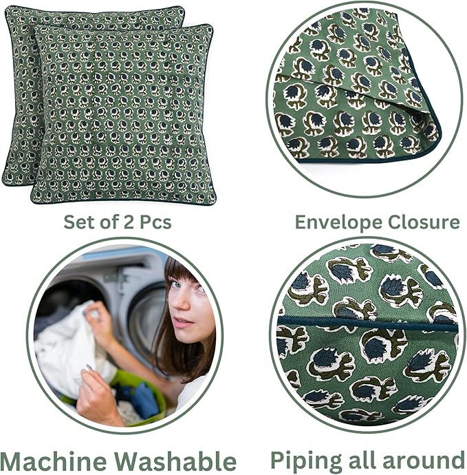 Ridhi Block Print Basil Green Pillow Cover 18" x 18" (Pack of 2) Decorative Couch Pillows for Living Room, Chic Boho Cute Outdoor Pillows Covers Gifts for Spring, Easter and Valentine