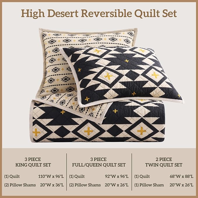 Paseo Road High Desert King Quilt Set, 3 Piece Rustic Western Bedding Set with Pillow Shams, Lightweight Reversible Cotton Quilt with Southwestern Aztec Pattern, Soft Breathable Cozy Boho Bedding