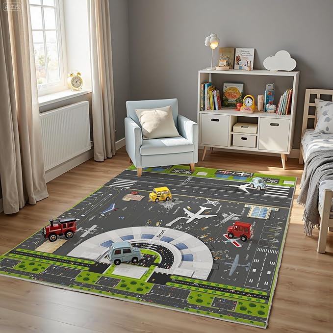 Airport Runway Play Rug for Kids - Interactive Airplane Faux Wool Rug with Aircraft Traffic System Design, Non-Slip Educational Aviation Carpet for Nursery, Playroom & Bedroom Gifts.