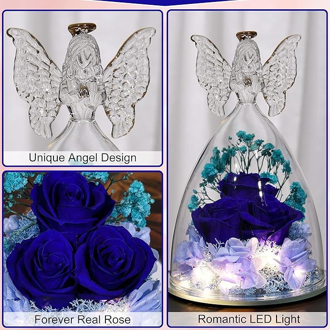 Mothers Day Rose Gifts for Women Preserved Real Flower in Glass Angel Figurines Roses for Delivery Prime Birthday Gifts for Mom Grandma Girlfriend Wife Her, Dark Blue