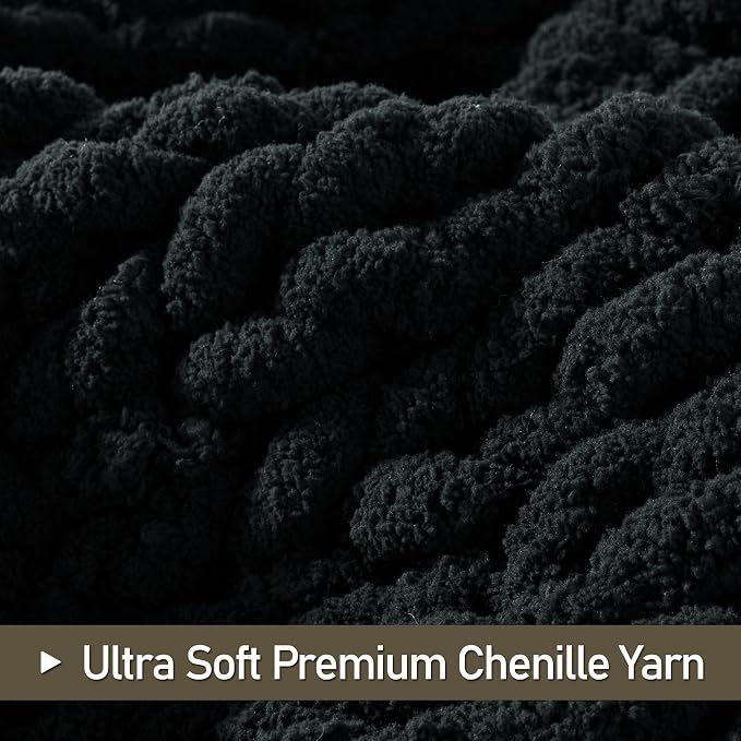 Chunky Knit Throw Blanket 50x60, 100% Handmade Chenille Yarn | 4.4lbs Soft Thick Cable Knitted Blankets, Large Rope Knot Crochet Throws for Couch Sofa Bed Machine Washable, Black