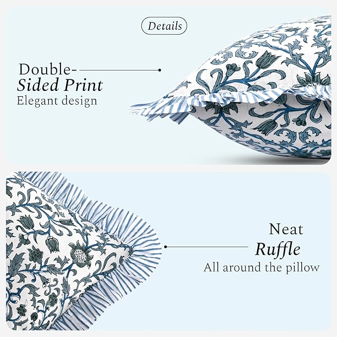 CPC Ocean Vine Hand Block Print 100% Cotton Ruffle Throw Pillow Cover 24x24 inch with Hidden Zipper Decorative for Couch, Bed, Sofa, Farmhouse, Cottagecore Decor Gift Christmas Fall Thanksgiving