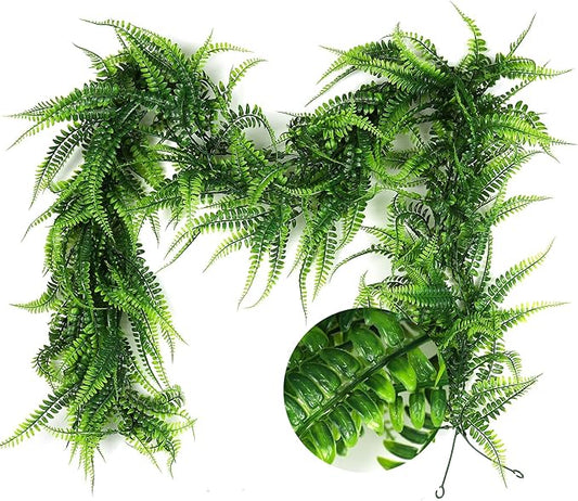 RECUTMS 2pcs Artificial Hanging Boston Ferns Garland Fake Hanging Plant 6 FT Greenery Leaves Ivy Garland Faux Ferns Fake Vines for Spring Outdoor Indoor Home Garden Party Wall Easter Decor
