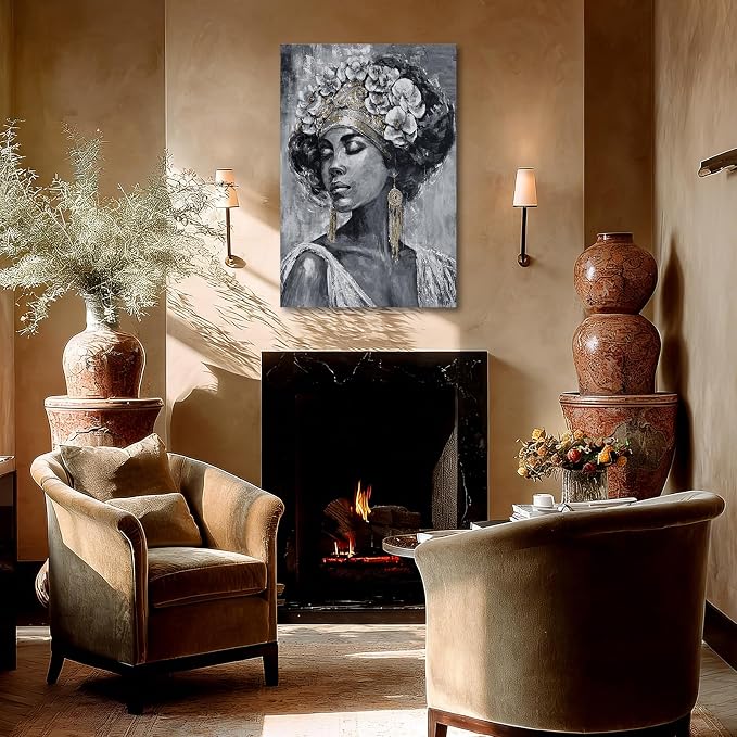 ZUNARE Abstract African Woman Canvas Wall Art Black White and Gold Portrait Painting Modern Figurative Artwork for Living Room Bedroom Office Decor 24x36inch