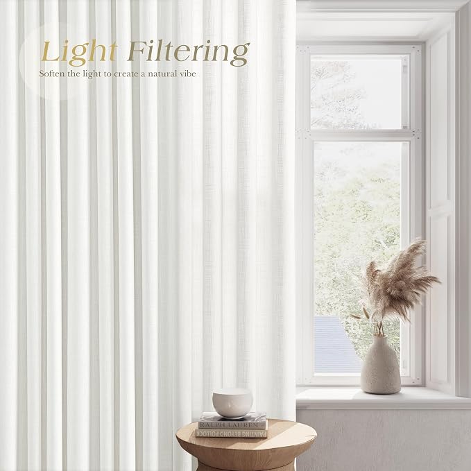 Off White Linen Curtains 96 inch Length for Living Room 2 Panels Set Soft Thick Textured Grommet Semi Sheer Light Filtering Window Curtain Burlap Look Rustic Farmhouse Home Privacy Drapes 52x96