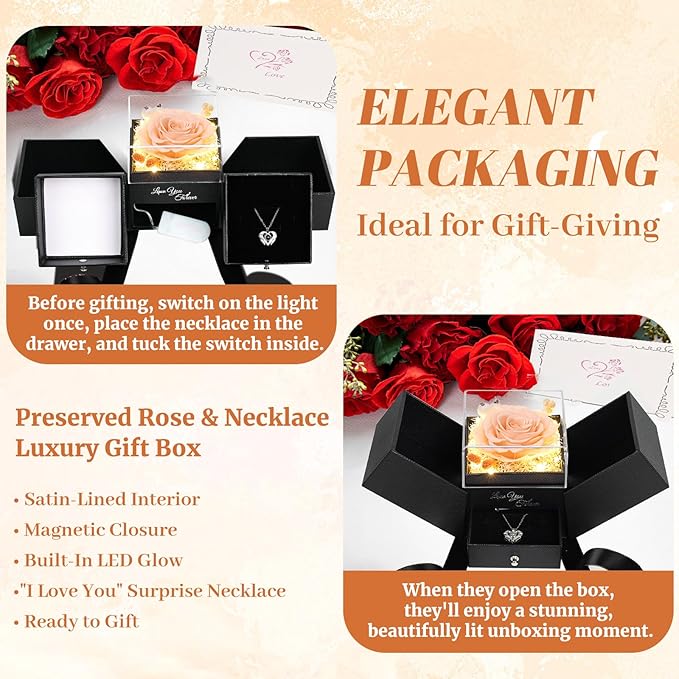 FIACO Gifts for Mom Preserved Real Roses with I Love You Necklace Fresh Forever Flowers Mothers Day Flower Gifts for Women Grandma Anniversary Birthday Gift for Girlfriend Wife Daughter
