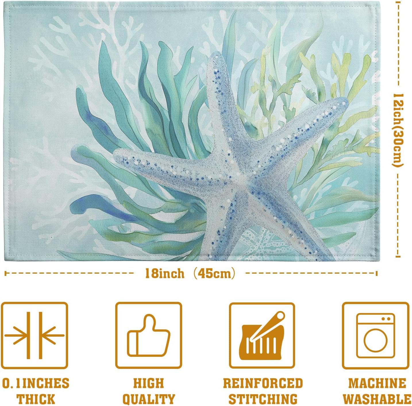 Nautical Coastal Placemats Set of 4 Ocean Coral Starfish Seagrass Beach Theme Table Mat 12x18 Inch Teal Turquoise Blue Summer Linen Fabric Place Mats for Party Kitchen Dining Outdoor Indoor Decor