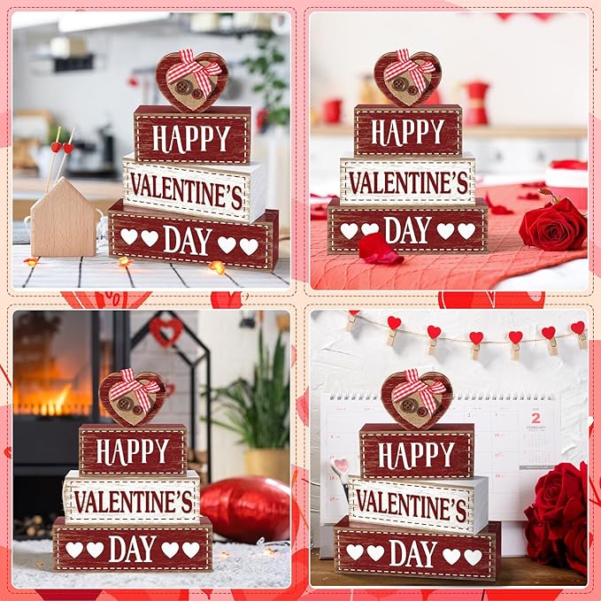 Marsui 4 Pcs Valentine's Day Wooden Signs Heart Truck Table Decor Rustic Distressed Valentines Centerpieces Blocks Farmhouse Tiered Tray Decor Valentine Day Decorations for Home Desk Shelf(Heart)