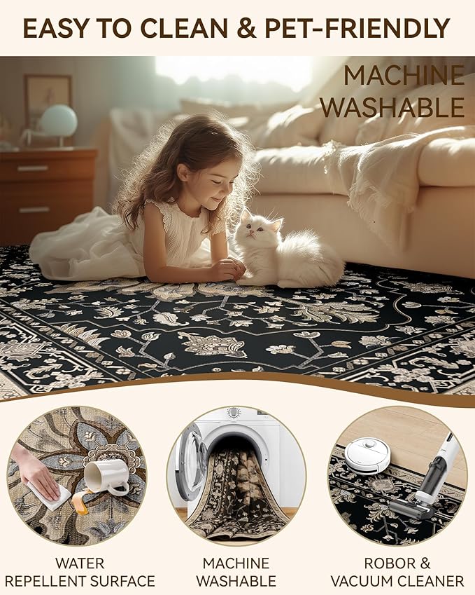 RELEANY Area Rugs 2'x8' Runner Rug Non Slip Washable for Kitchen Hallway Bedroom Beside Laundry Room Bathroom Rug, Floor Carpet, Black Brown Neutral Dark Tan