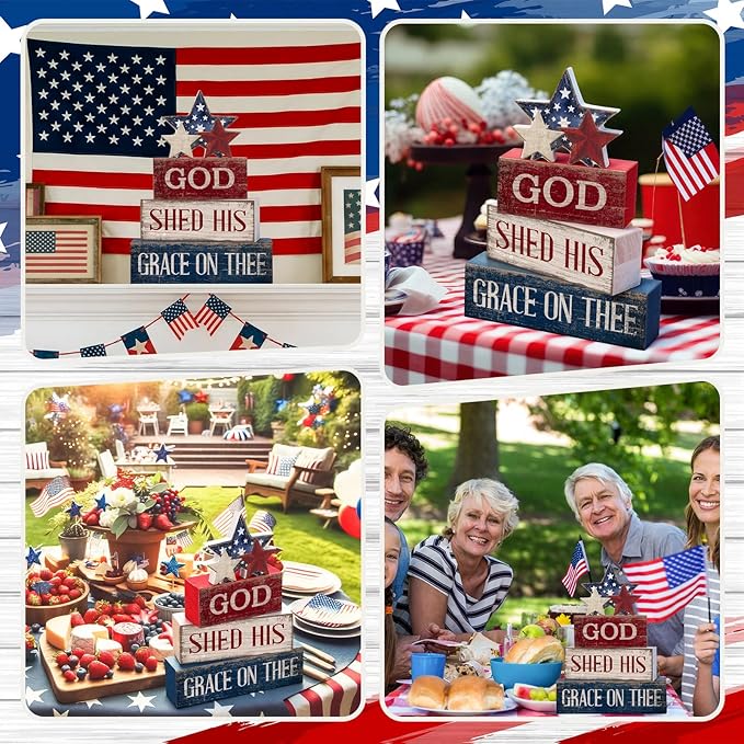 CroBlissful 4 Pcs 4th of July Decorations Patriotic Memorial Day Tabletop Decorations Red White Blue Table Centerpieces Sign for Office Tiered Tray Home Shelf 250th Anniversary(God)