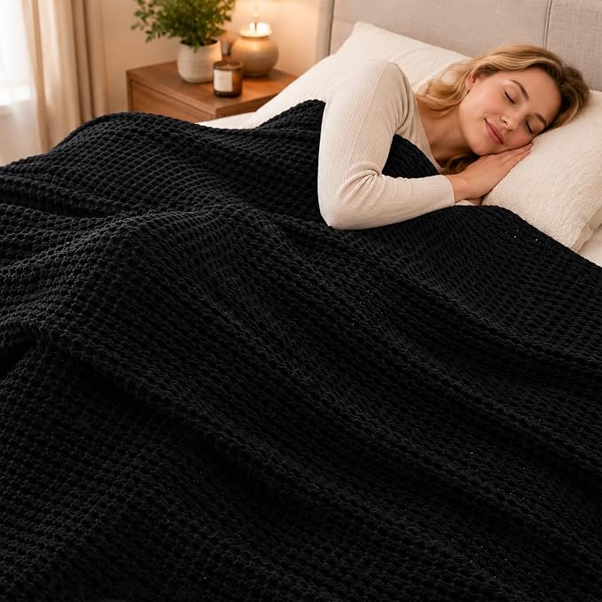 Bunnikins & Clover Black Waffle Knit Throw Blanket, Cozy Stylish Black Blanket for Sofa Bedroom, Home Decor, 50"x60"