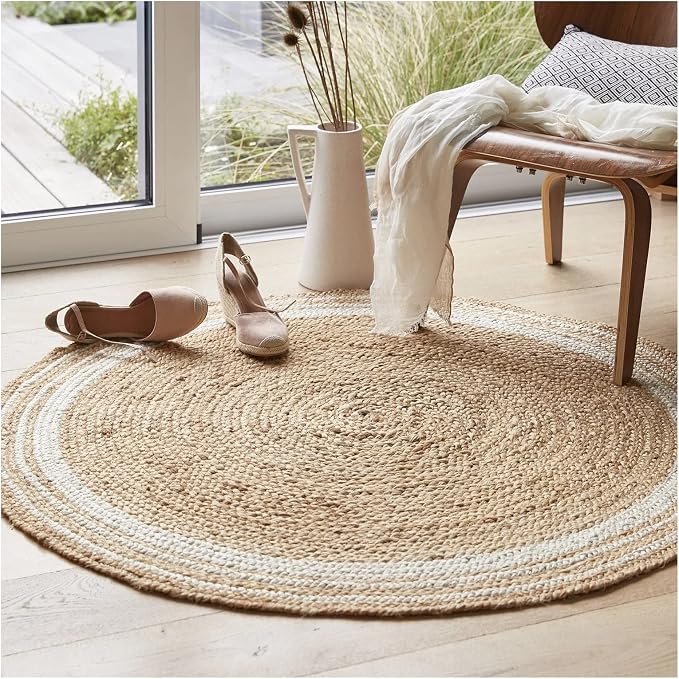 100% Jute Area Rug Approx 6 Feet - Braided Design Hand Woven Natural White Rings Carpet - Home Decor for Living Room Hallways - Round Natural Fibers