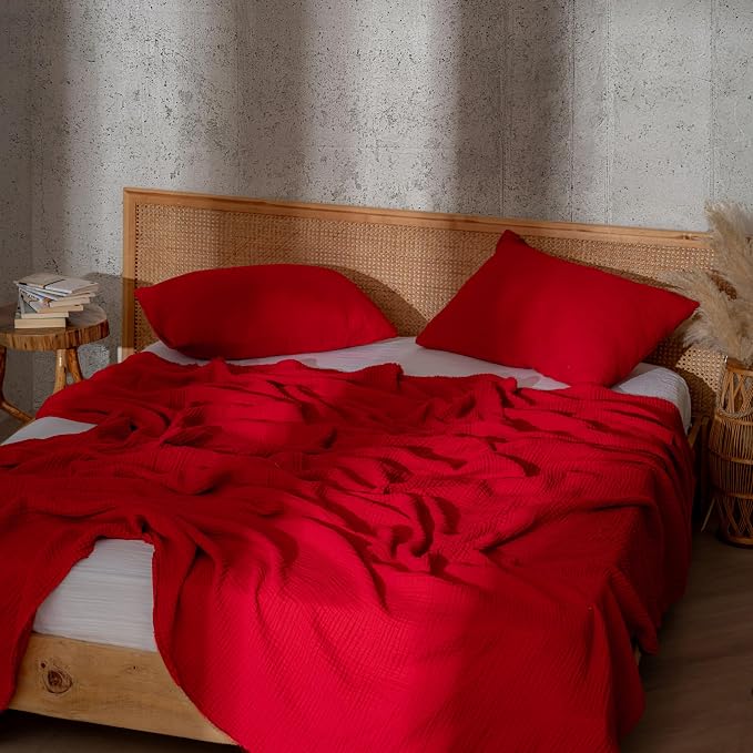 Muslin Blanket - Pure 100% Turkish Cotton Airy Soft Light Versatile Gauze Throw Blanket for Bed, Couch, Sofa (Red, King Size (95" x 110" inch))