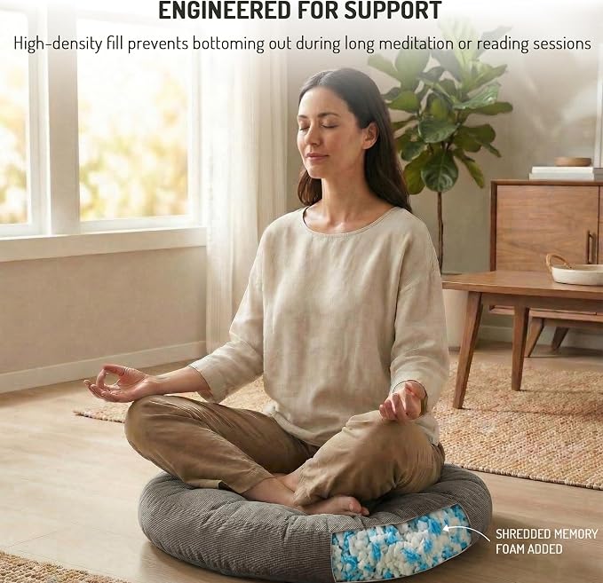 Meditation Floor Pillow Set of 2, Round Large Pillows Seating for Adults, Tufted Corduroy Cushion for Tatami Living Room, Grey, 22 Inch