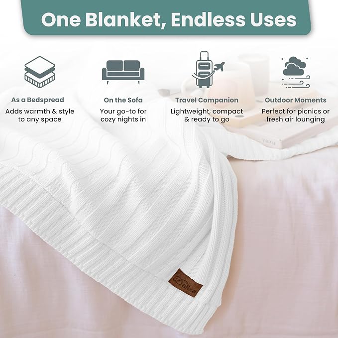 Dalisa 100% Organic Cotton Knit Throw Blanket, White, 50x60 Inches, GOTS-Certified, Crochet Knit, Adult, Eco-Conscious Luxury, Lynx-Inspired Pattern