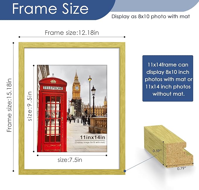 PEALSN 11x14 Picture Frame Set of 6, Display Pictures 8x10 with Mat or 11x14 without Mat for Wall Mounting or Table Top Display, Photo Frames Collage for Wall Decor, Gold.