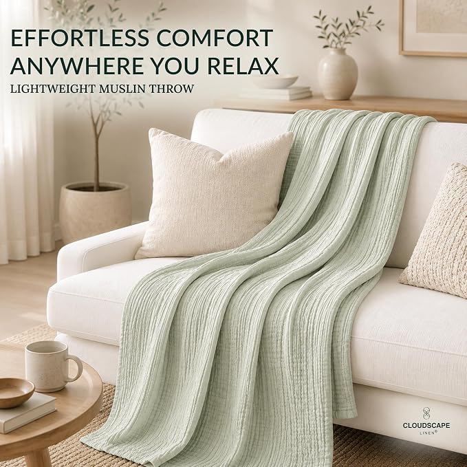 CLOUDSCAPE 4 Layer Muslin Blanket for Adults - 100% Cotton Throw Blanket - 50"x70" Oversized Gauze Throw for Sofa, Couch - Soft Lightweight Breathable Muslin Cotton Throws for Summer - Sea Foam