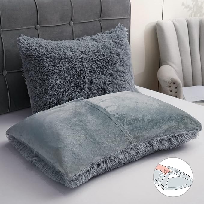Fluffy Plush Duvet Cover Set Twin Size, Luxury Ultra Soft Velvet Fuzzy Comforter Cover Bed Sets 3Pcs(1 Faux Fur Duvet Cover + 1 Pillow Cases + 1 Pillow Cover) Zipper Closure (Twin, Dark Gray)