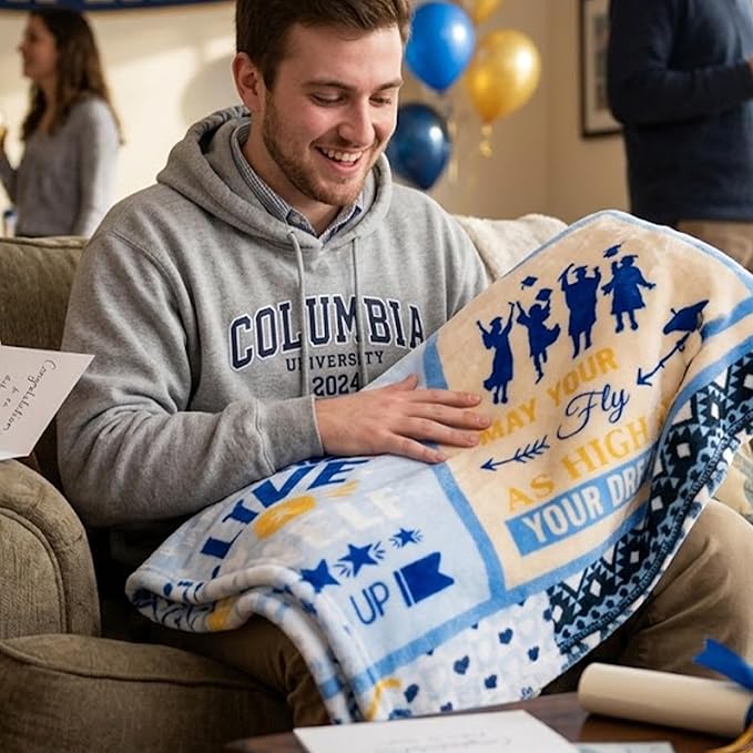 Graduation Blanket Gifts for Him, Soft Cozy Blue Class of 2026 Throw Blanket, Inspirational Quotes Graduation Blanket, 50"x60"