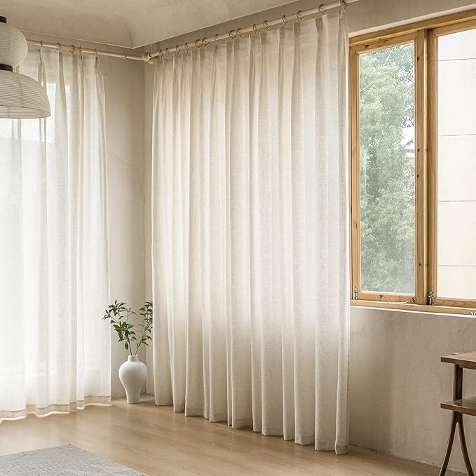 MAIHER Linen Textured Pleated Curtains 63 Inches Long for Living Room, Light Filtering Pinch Pleat Semi Sheer Drapes Curtains with Tieback and Hooks, Natural Linen (1 Panel, 54" W x 63" L)