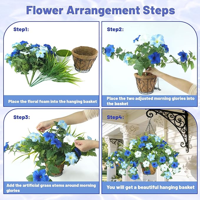 2 Pack Artificial Flowers Hanging Baskets for Outdoors, 10 PCS UV Resistant Faux Outdoor Plants, Fake Petunias Silk Flowers for Garden Balcony Yard Porch Decor (White Blue)