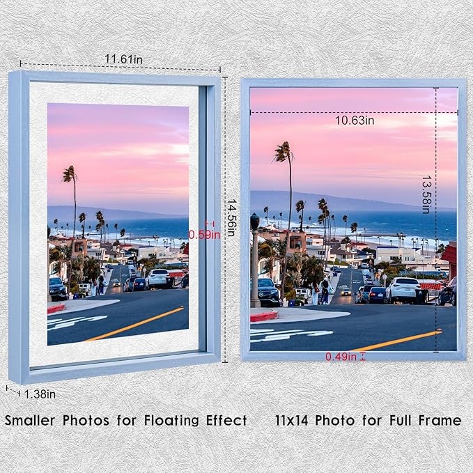 MUYE 11x14 Floating Frame Set of 2,Double Real Glass Photo Frame,Display Any Size Photo up to 11x14,Wall Mount or Tabletop Standing,Blue
