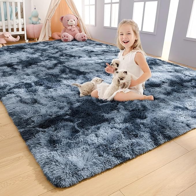 AROGAN Soft Rainbow Area Rugs for Girls Room, Fluffy Girls Bedroom Rugs, Princess Rug, Cute Colorful Carpet for Kids Teens Nursery Toddler (Blue-Grey, 4×6 Feet)