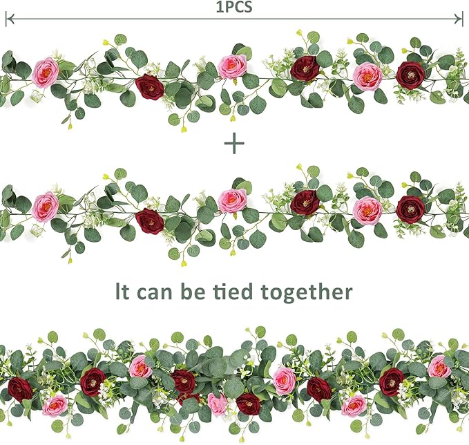 TOCHGREEN 2 Pack 13Ft Artificial Eucalyptus Flower Garland with Red Pink Roses, Fake Rose Flower Greenery Garland Floral Vines for Wedding Home Party Table Runner Decor (Red Pink, 2PCS)
