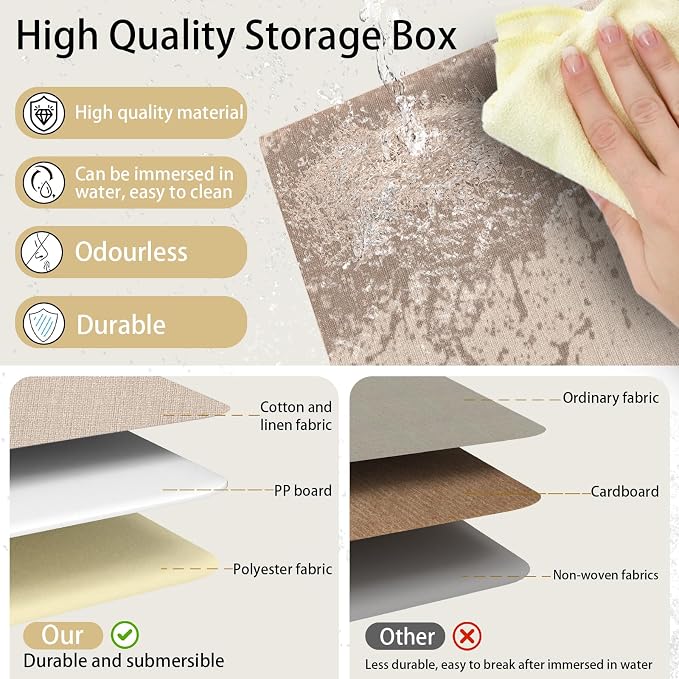 Yawinhe Collapsible Storage Boxes, Stackable Linen Fabric Baskets, Bin with lid and Leather Handle, Washable, for Home, Closet, Beige, 10.2x7.9x6.7 In, 3-Pack, SNK024BEN-3