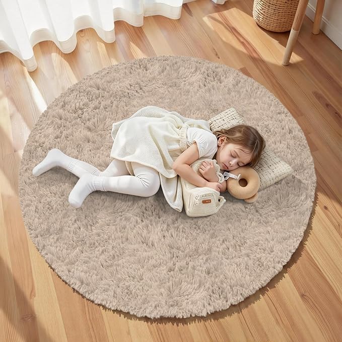 Beige Round Fluffy Rug 5ft,Soft Bedroom Circle Rugs Mats for Kids Girls Nursery Room,Washable Plush Shaggy Indoor Non Slip Rug for Bedside Living Room Bedroom Circular Carpet,Home Decor Aesthetic