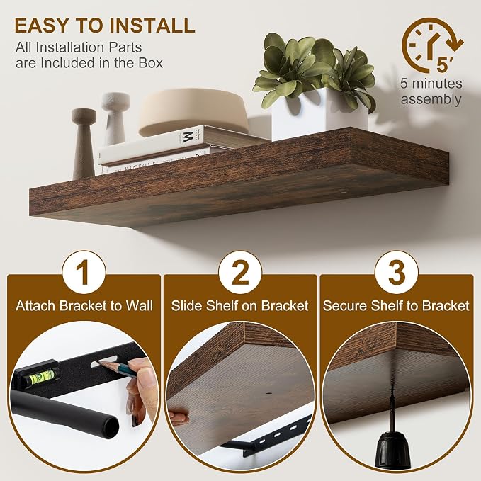 Fun Memories Floating Shelves for Wall, 55Inch Floating Shelves Set of 2, Hanging Shelf with Invisible Brackets, Wood Shelves for Living Room, Bedroom, Kitchen, Brown