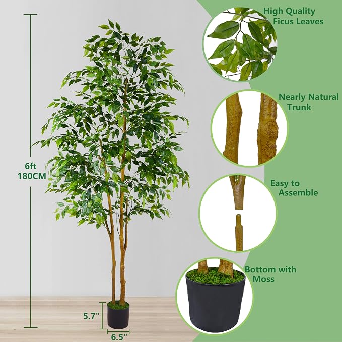 Warmplants Artificial Ficus Tree, 7ft Silk Fake Ficus Leaves Plant with Basket, Indoor Outdoor Faux Green Tree for Home Garden Office House Livingroom Décor