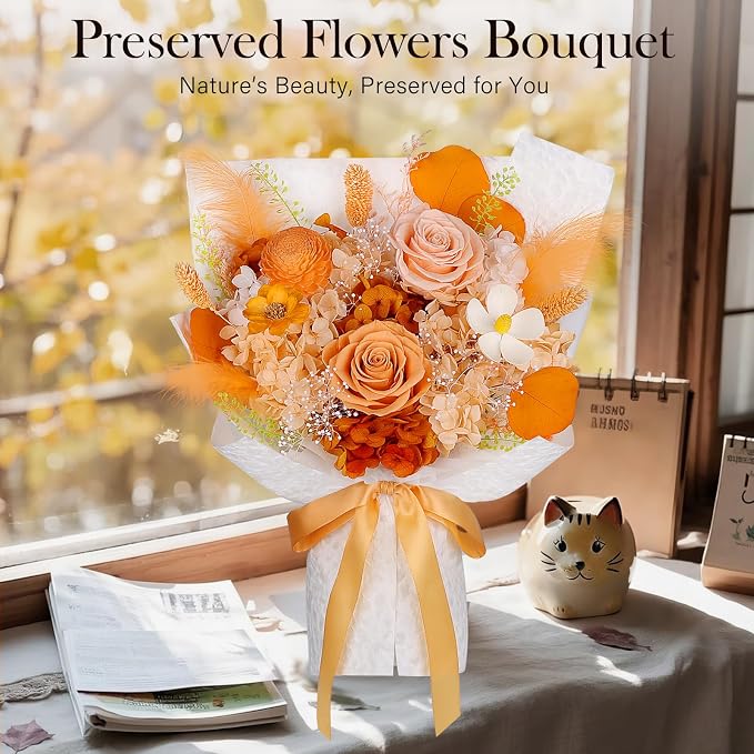 Preserved Flowers Bouquet - Forever Flowers for Delivery, Eternal Roses Bouquet That Last 3 Years, Mothers Day Gifts for Mom Grandma Wife, Anniversary Birthday Gifts for Women, Light Orange