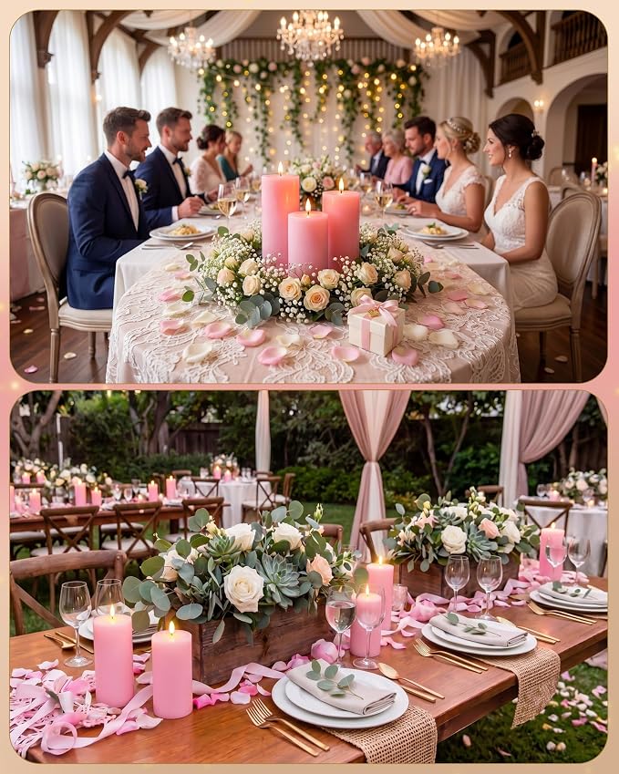 VIHOSE 6 Pack Pink Flameless Candles Set with Remote and Timer Flickering Flameless Battery Candles Flat Top LED Pillar for Wedding Outdoor Home Festival Decoration(D 3" H 6" 7" 8")