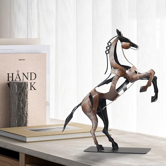 SunBlogs Art Metal Horse Statue Décor, Handmade & Hand-Painted Modern Western Horse Decoration, Rustic Iron Sculpture Gifts for Home Office for Horse Lovers (Vintage Brown)