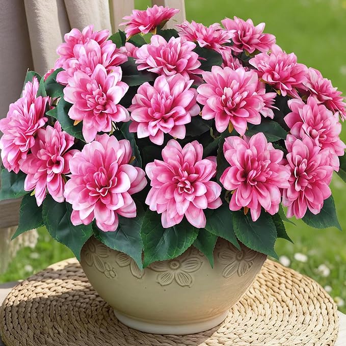 VIERENA 8 Bundles Artificial Dahlia Flowers for Outdoors Spring Summer Decor, No Fade Silk Flower Faux Dahlias Plant Arrangement for Home Garden Balcony Farmhouse（Pink）