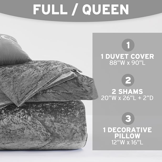 Intelligent Design Queen Duvet Cover Set, Velvet Queen Duvet Set, Luxury Diamond Quilting Grey Duvet Cover, Fluffy Duvet Cover with Decorative Pillow and 2 Shams, 4 Pieces, Grey, Full/Queen