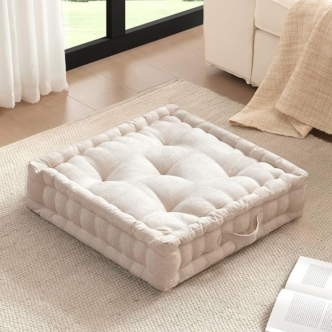 Intelligent Design Azza Floor Pillow, Large Cushions Sitting for Adults, Floor Pillow for Meditation or Yoga, Lustrous Chenille Tufted with Scalloped Edges for Bench/Chair Cushion, 24"x24"x5" Ivory